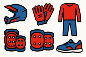 Illustration of colorful BMX or biking safety gear in red and blue. The image includes a full-face helmet, a pair of gloves, a long-sleeved top with pants, two sets of elbow and knee pads, and a sneaker. Each item has a bold black outline and a simple, cartoon-like design.