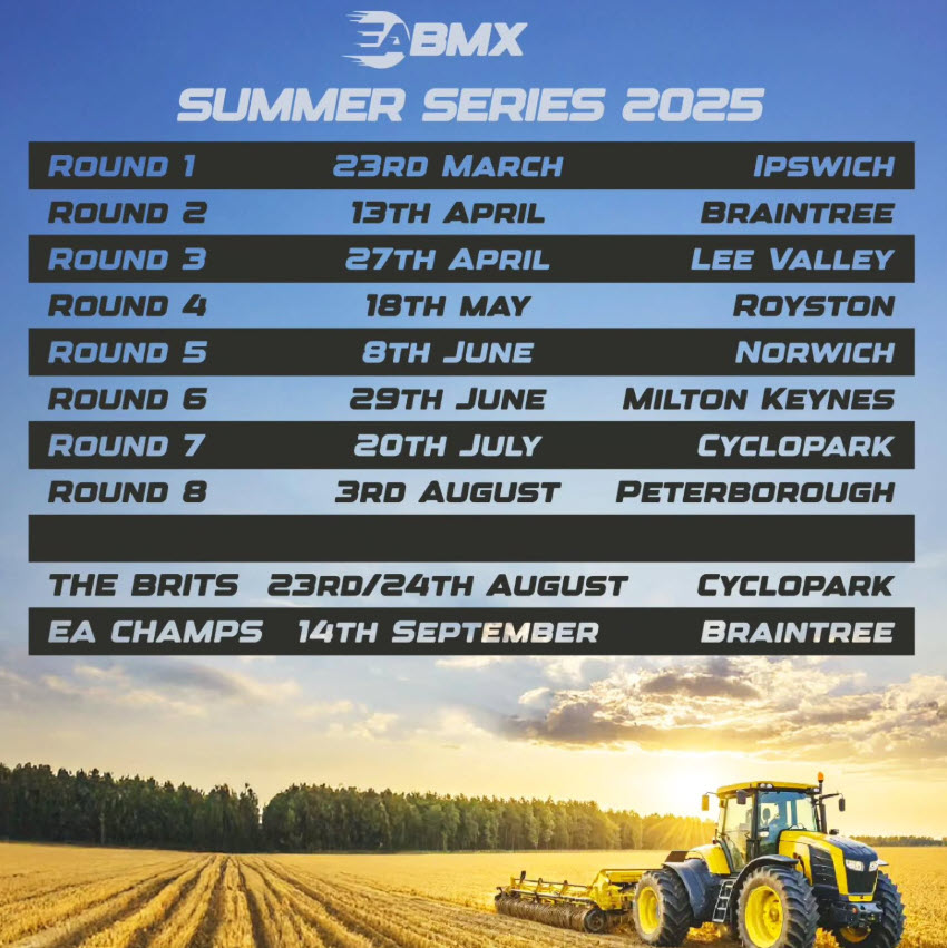 A promotional poster for the BMX Summer Series 2025, featuring a schedule of race events. The background has a blue gradient sky transitioning to a golden field with a tractor in the lower right corner. The BMX logo is at the top, followed by bold white text reading 'EA SUMMER SERIES 2025.' Below, a list of eight rounds with corresponding dates and locations is displayed in black and white text boxes. Additional events include 'The Brits' on August 23rd/24th at Cyclopark and 'EA Champs' on September 14th at Braintree.