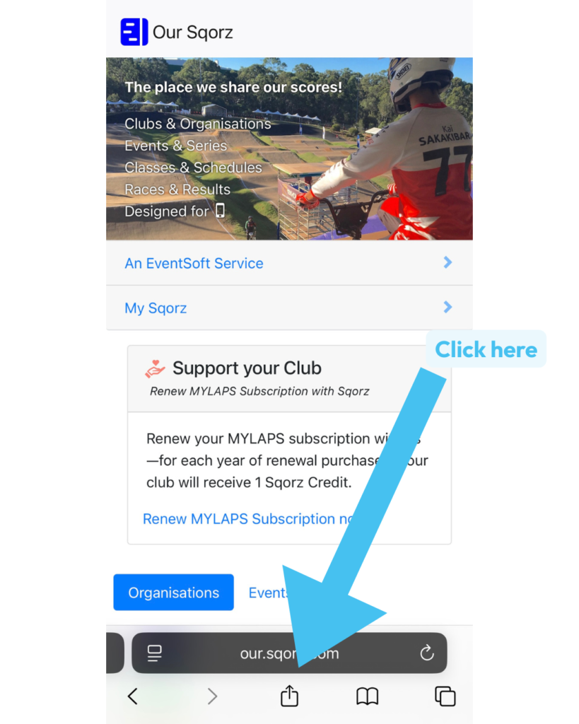 Image of where to click to add sqorz to your homepage on iphone