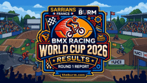 Pixel art poster for the Sarrians France BMX Racing World Cup 2026 Round 1 Report featuring BMX riders racing on track, The Burm branding, and event graphics.