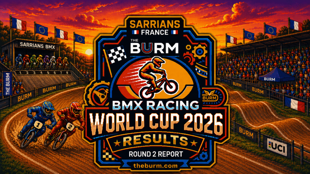 Pixel art BMX Racing World Cup 2026 Round 2 report graphic for Sarrians, France, featuring The Burm branding, sunset track scene, riders racing, and eight riders lined up on the start gate.