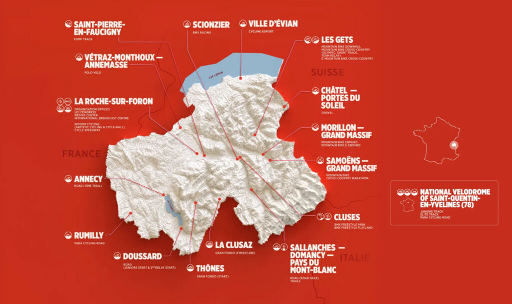 Map of the 2027 UCI Cycling World Championships venues across Haute-Savoie, France, with Scionzier hosting BMX Racing